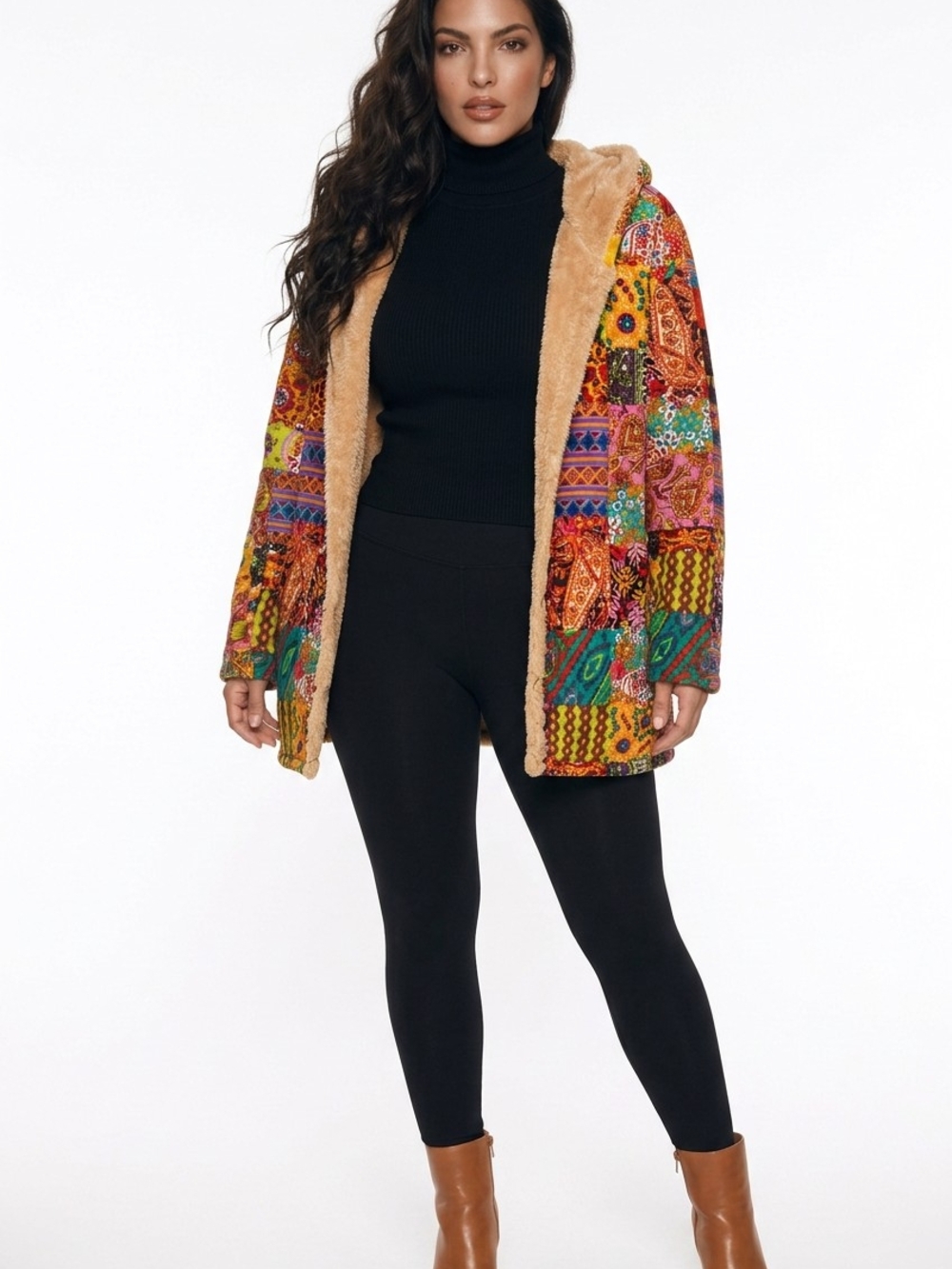 Boho Patchwork Hooded Sherpa Lined Jacket Plus Size Cozy Comfortable